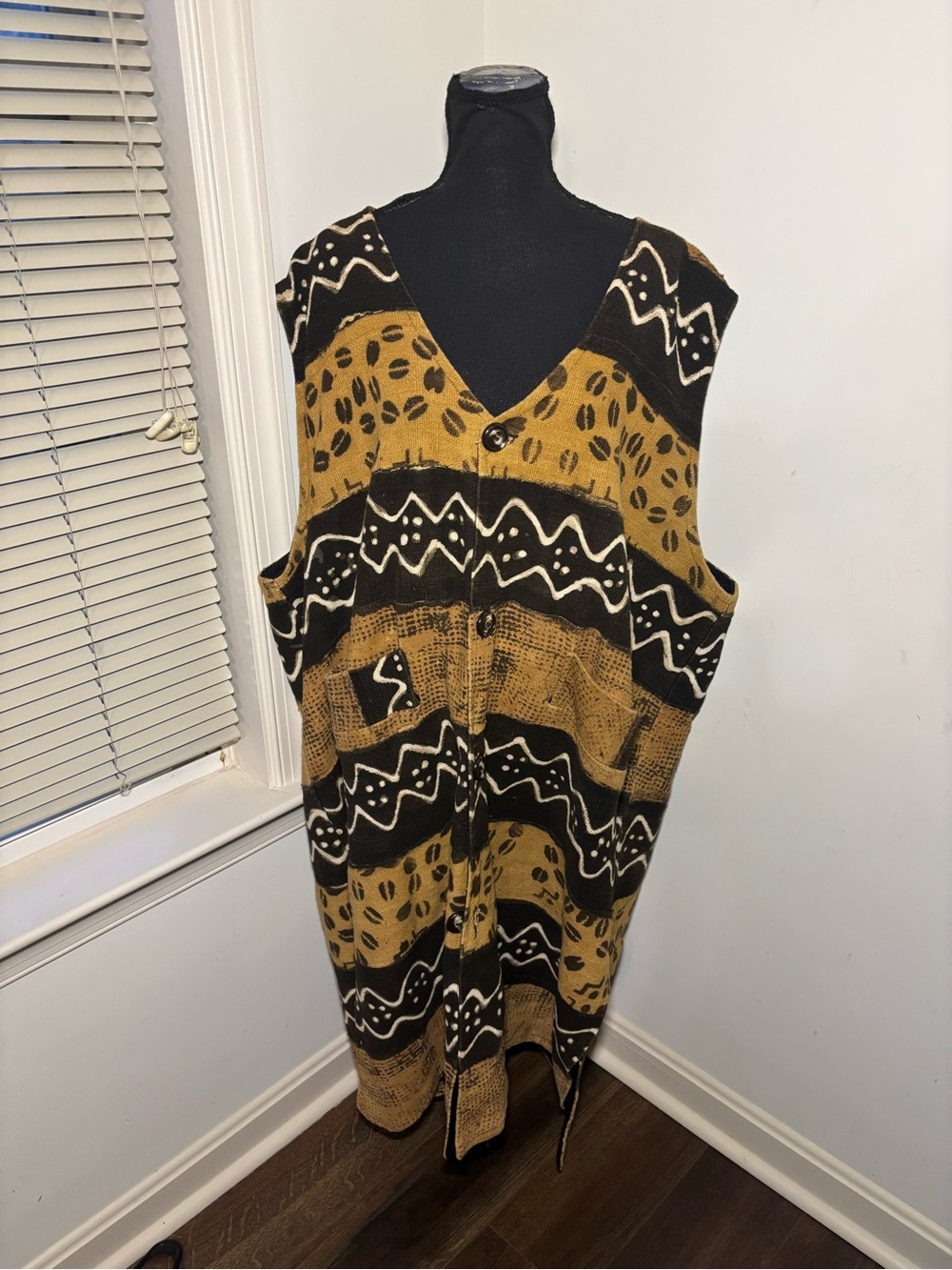 Textured Mustard and Black Patterned Button-Front Vest